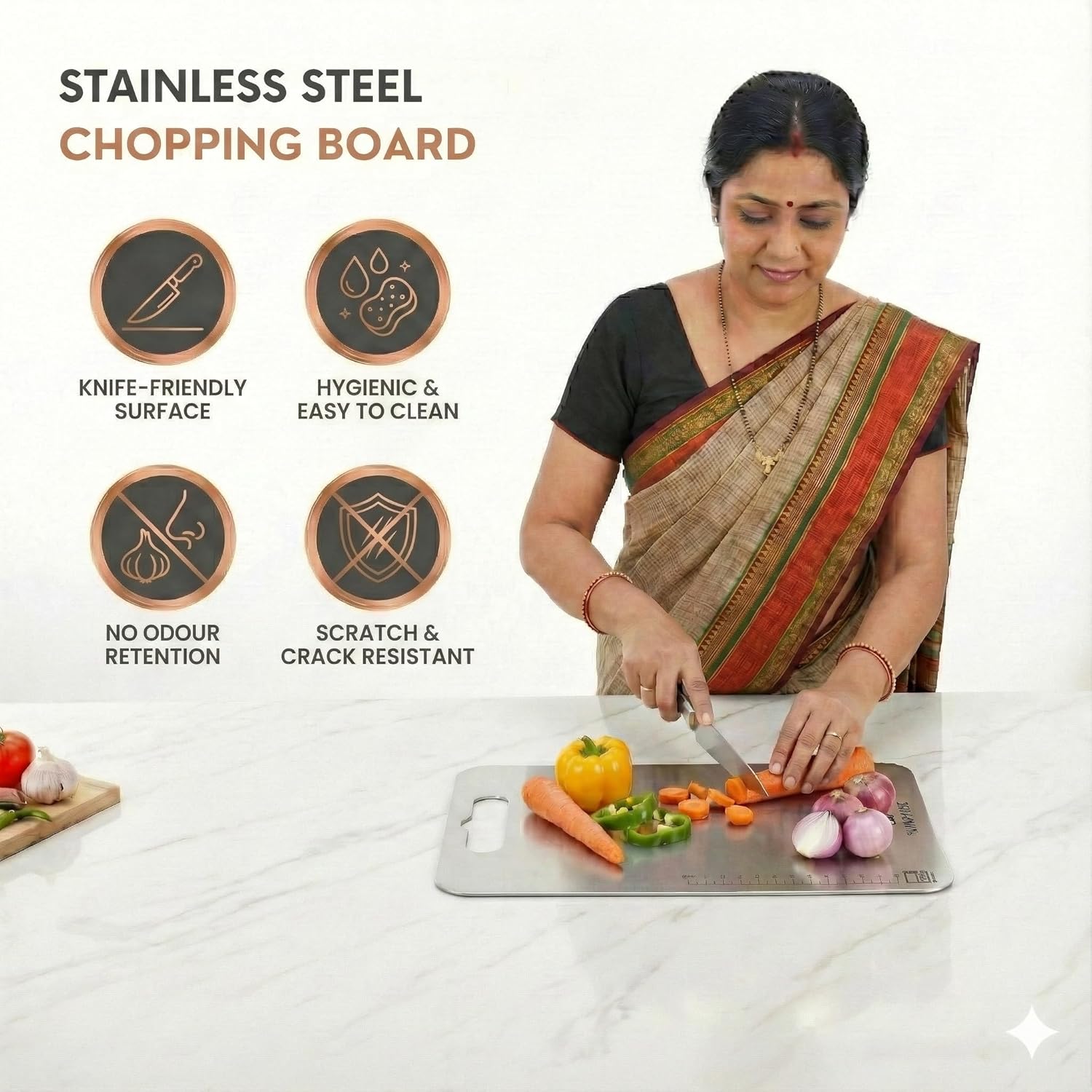 Stainless Steel Chopping Board (36 x 25CM), Rust-Resistant, Anti-Bacterial, Heavy-Duty Cutting Board for Vegetables, Fruits & Meat