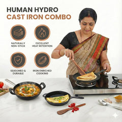 Pre-Seasoned Cast Iron Combo Set (3-Piece) | Fry Pan 24cm + Kadai 26cm (2.2L) + Single-Handle Dosa Tawa 25cm with Wooden Spatula | Gas & Induction Compatible | Naturally Non-Stick