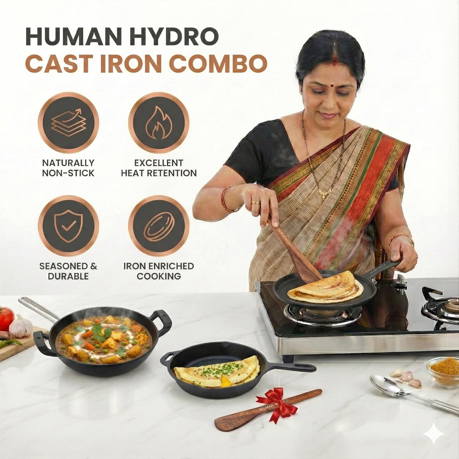 Pre-Seasoned Cast Iron Combo Set (3-Piece) | Fry Pan 24cm + Kadai 26cm (2.2L) + Single-Handle Dosa Tawa 25cm with Wooden Spatula | Gas & Induction Compatible | Naturally Non-Stick
