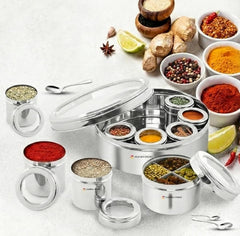 12-in-1 Stainless Steel Masala Dabba with See-Through Lid, Airtight Spice Box & Spice Organizer for Kitchen