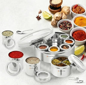 12-in-1 Stainless Steel Masala Dabba with See-Through Lid, Airtight Spice Box & Spice Organizer for Kitchen
