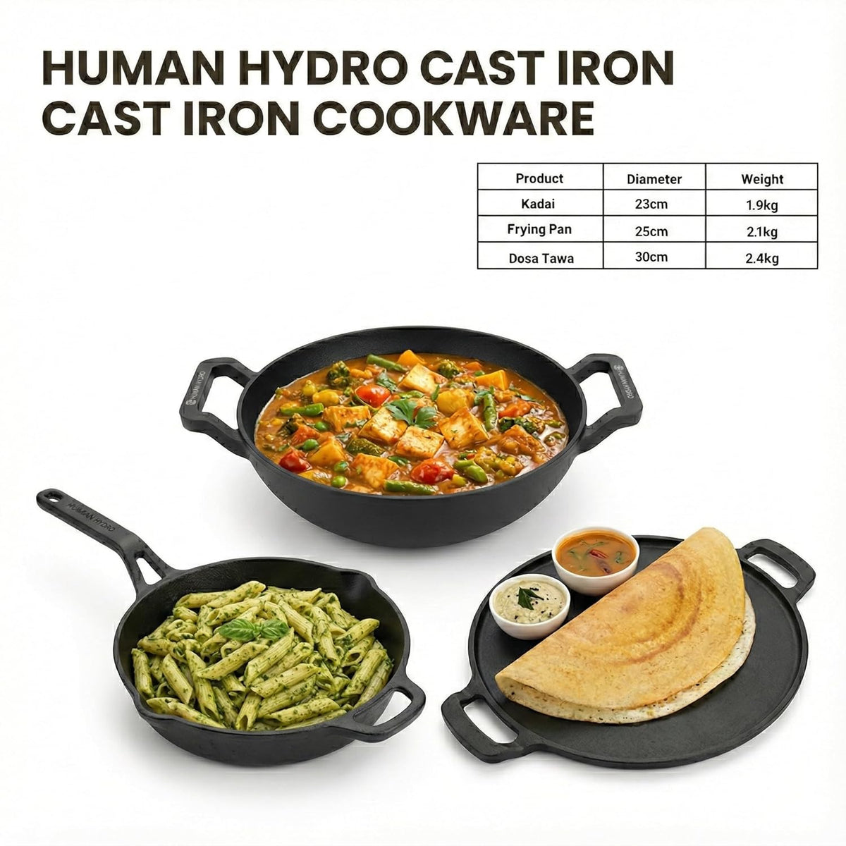 Cast Iron Cookware Set with Free Wooden Spatula, Kadai (23CM), Fry Pan (25CM), Tawa (30CM), Naturally Nonstick, Induction & Gas Compatible