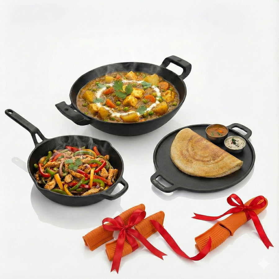 Premium Deliq Range Pre-Seasoned Cast Iron Combo (3-Piece) | Kadai 25cm + Tawa 30cm + Fry Pan 25cm with Silicone Grips | Naturally Non-Stick, Toxin-Free & Induction Compatible