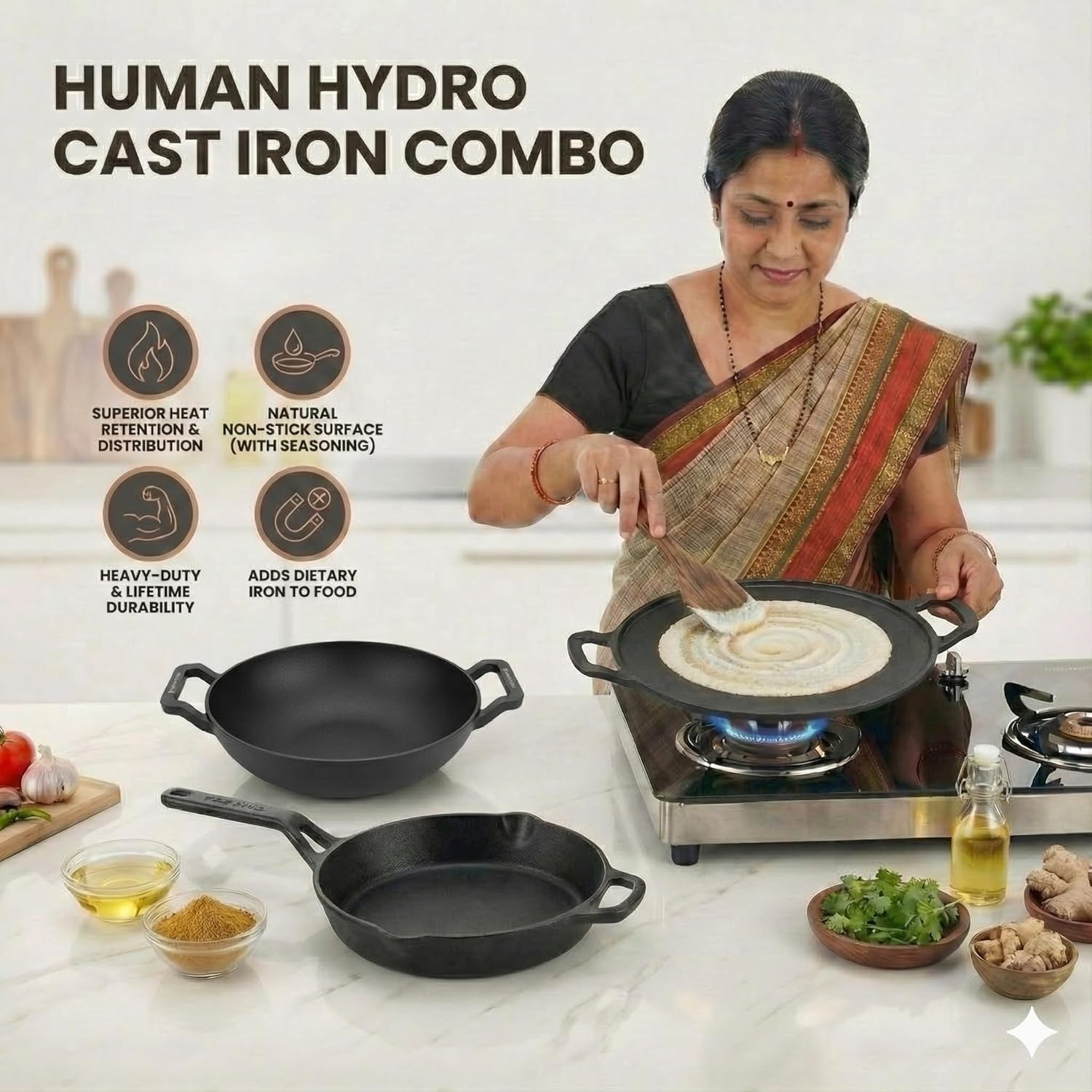 Cast Iron Cookware Set with Free Wooden Spatula, Kadai (23CM), Fry Pan (25CM), Tawa (30CM), Naturally Nonstick, Induction & Gas Compatible