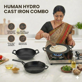 Cast Iron Cookware Set with Free Wooden Spatula, Kadai (23CM), Fry Pan (25CM), Tawa (30CM), Naturally Nonstick, Induction & Gas Compatible
