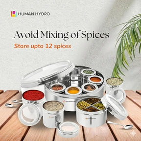 12-in-1 Stainless Steel Masala Dabba with See-Through Lid, Airtight Spice Box & Spice Organizer for Kitchen