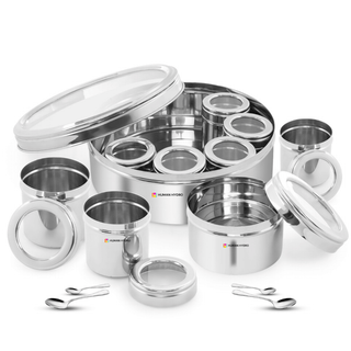 9-in-1 Stainless Steel Masala Dabba with See-Through Lid, Airtight Spice Box for Kitchen, Multi-Compartment Masala Organizer