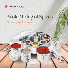9-in-1 Stainless Steel Masala Dabba by Human Hydro, organize up to 9 spices, avoid mixing with see-through lid.