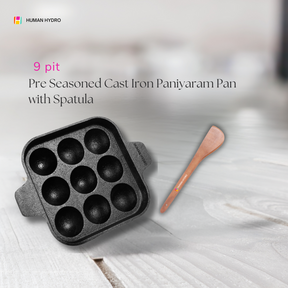 9 pit paniyaram pan with spatula text