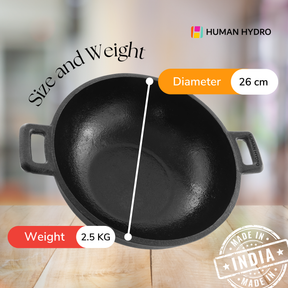 Cast Iron Kadai, 26CM (10.5 Inch), 3L, Naturally Nonstick, Non-Toxic, Flat Bottom, Gas & Induction Compatible