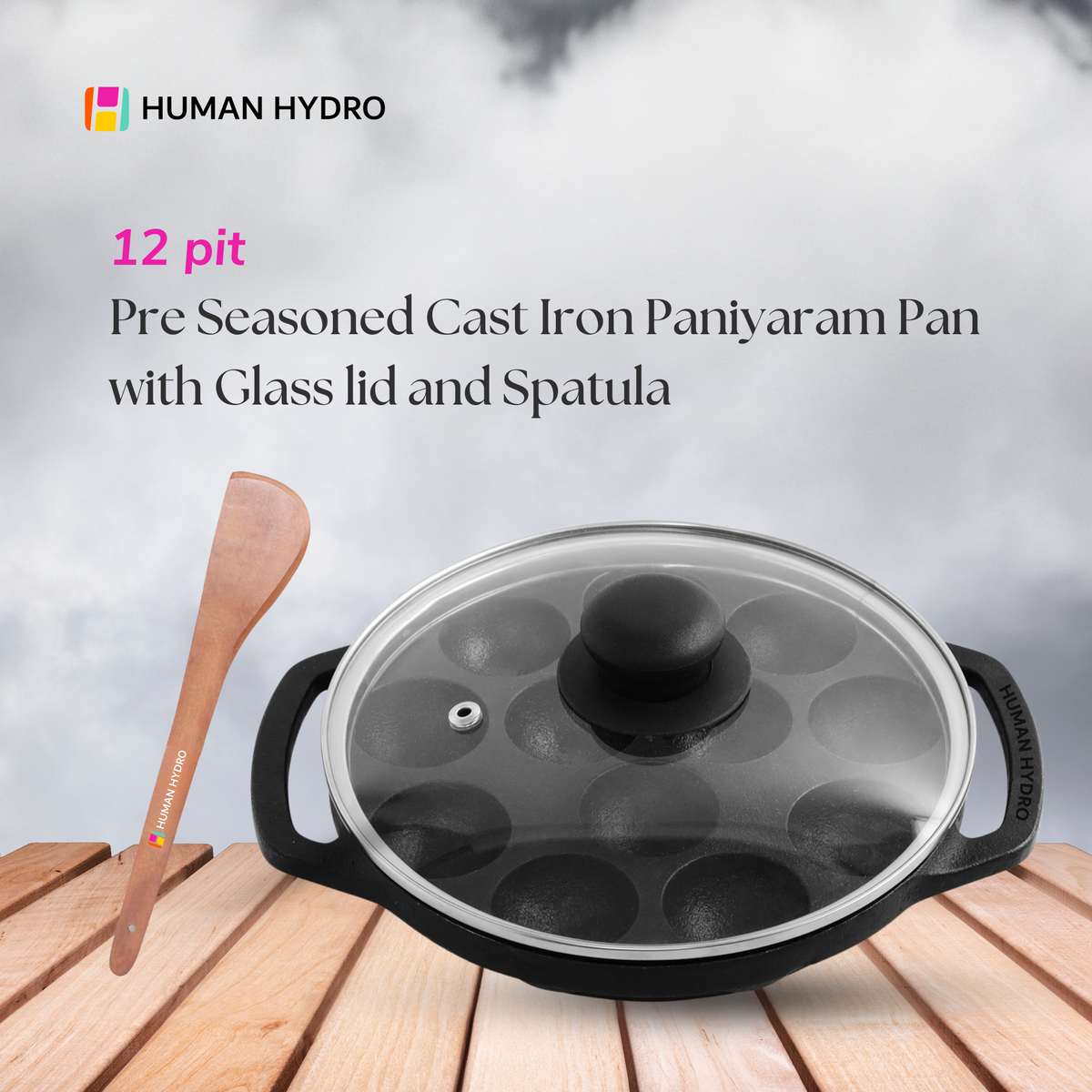 12-Pit Cast Iron Paniyaram Pan with 4mm Glass Lid & Wooden Spatula, 20CM, Pre-Seasoned, Naturally Nonstick, Non-toxic, Gas & Induction Friendly