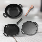 Cast Iron Cookware Set with Free Wooden Spatula, Kadai (23CM), Fry Pan (25CM), Tawa (30CM), Naturally Nonstick, Induction & Gas Compatible