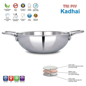 Tri-Ply Stainless Steel Kadai, 24CM, suitable for gas and induction, designed for even heat distribution and durability.