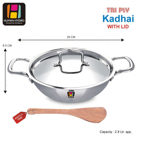 Tri-Ply Stainless Steel Kadai with Lid and Wooden Spatula, 24CM, 2.8L for deep frying and stir-frying.