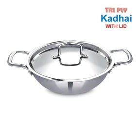 Tri-Ply Stainless Steel Kadai with Lid, 22CM (2.2L), Induction & Gas Compatible, Durable Cookware for Deep Frying, Stir-Frying & Curries
