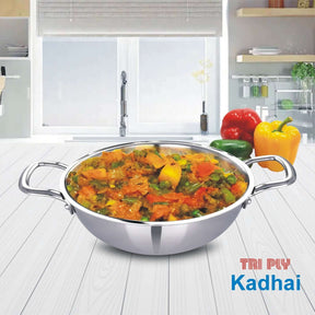Tri-Ply Stainless Steel Kadai with colorful stir-fried vegetables, perfect for deep frying and curries, kitchen setting.