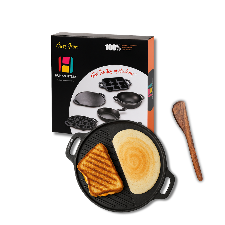 Himalayan Stone Grill Tawa (30CM, 2-in-1) with Wooden Spatula, Reversible Flat & Grill Surface, Iron-Rich Stone, Gas Compatible, Toxin-Free Traditional Cookware