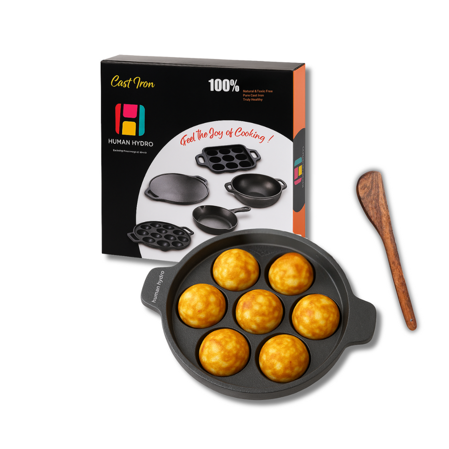 Pre-Seasoned Cast Iron 7-Pit Paniyaram Pan with Wooden Spatula, Naturally Nonstick, Gas & Induction Compatible