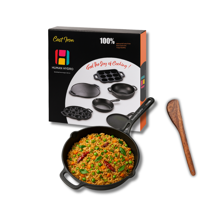 Pre-Seasoned Cast Iron 26CM Fry Pan with Wooden Spatula – 1.9KG, Naturally Nonstick, Gas & Induction Compatible, Ideal for Frying, Searing, Sautéing & More