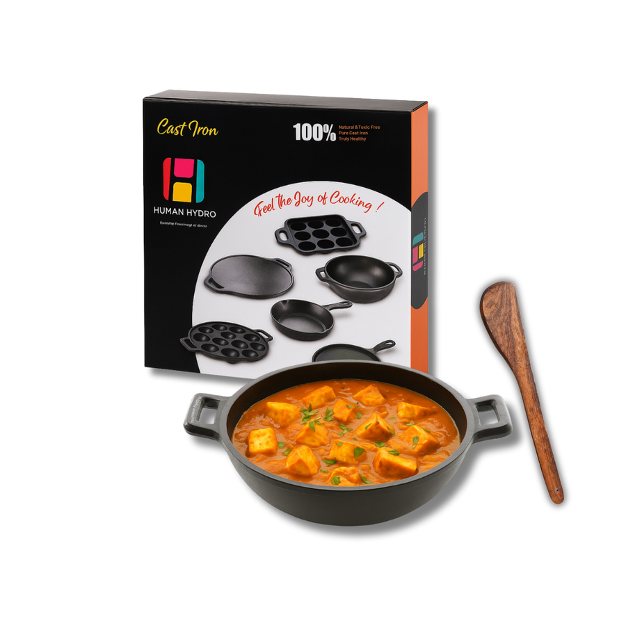 Pre-Seasoned Cast Iron Kadai with Wooden Spatula – 24CM, Naturally Nonstick, Induction & Gas Compatible