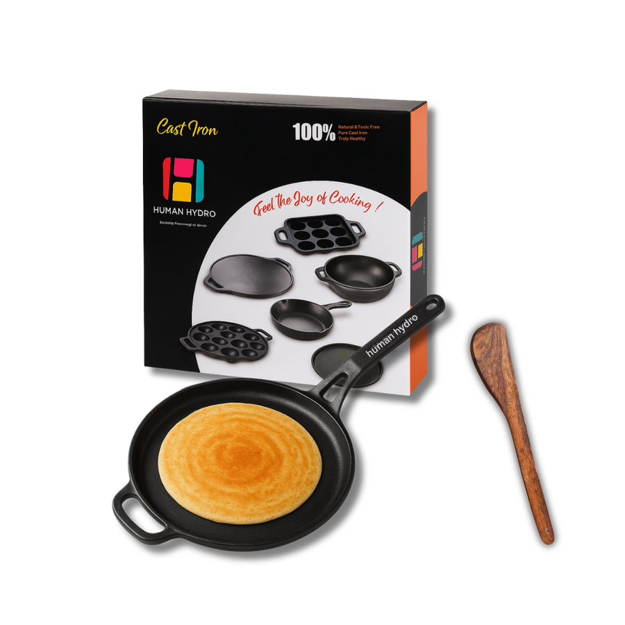 Pre-Seasoned 28CM Cast Iron Single Handle Tawa with Wooden Spatula