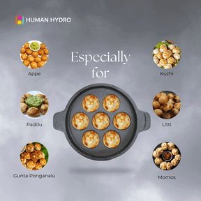 Cast Iron 7-Pit Paniyaram Pan with traditional Indian dishes: appe, kuzhi, paddu, litti, gunta ponganalu, momos.