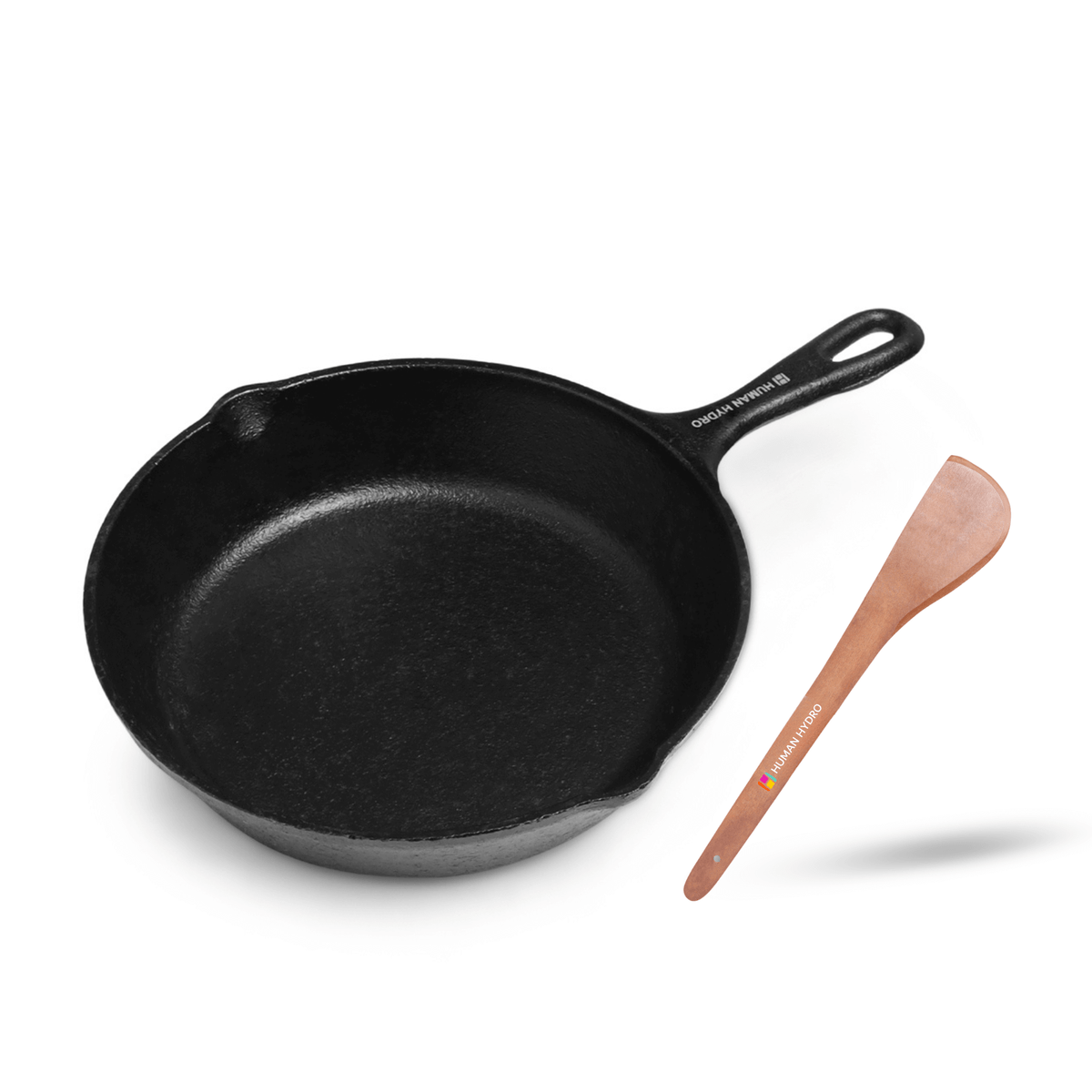 Cast iron fry pan (8 inch) with wooden spatula, ideal for healthy frying, searing, and induction cooking.