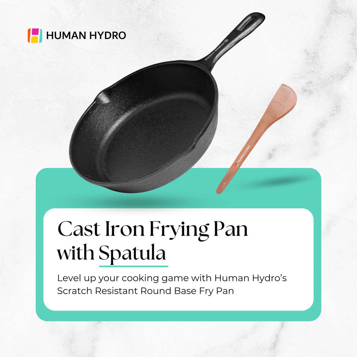 Cast iron frying pan with wooden spatula, scratch resistant, perfect for healthy cooking and compatible with gas and induction.