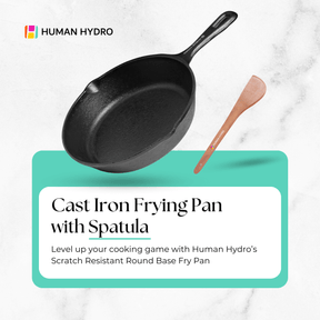 Cast iron frying pan with wooden spatula, scratch resistant, perfect for healthy cooking and compatible with gas and induction.