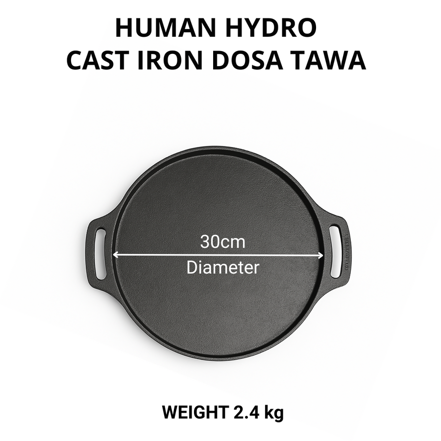 Cast Iron Double Handle Dosa Tawa, 30CM, 2.5KG, Naturally Nonstick & Induction Friendly