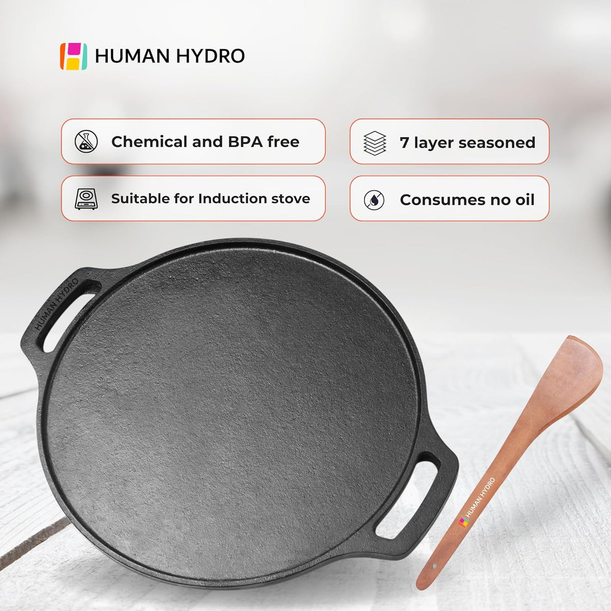 Cast Iron Double Handle Dosa Tawa with Wooden Spatula, 30CM, 2.5KG, Naturally Nonstick & Induction Friendly