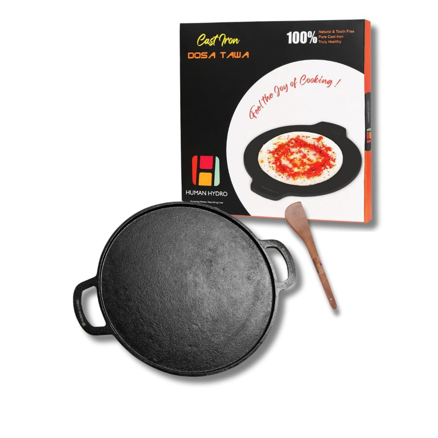 Cast Iron Double Handle Dosa Tawa with Wooden Spatula, 30CM, 2.5KG, Naturally Nonstick & Induction Friendly