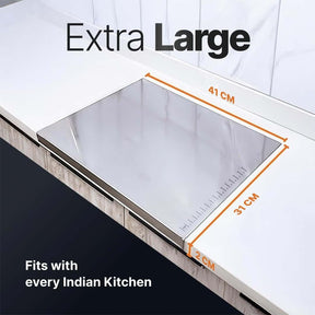 Extra large stainless steel chopping board (41 x 31CM) fits every Indian kitchen, ideal for heavy-duty use.