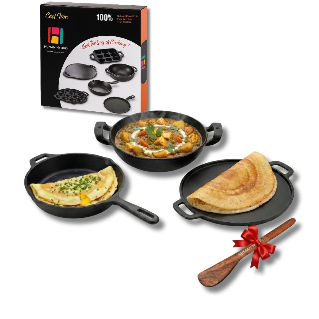 Pre-Seasoned Cast Iron Combo Set (3-Piece) | Fry Pan 25cm + Kadai 26cm (2.2L) + Tawa 30cm with Wooden Spatula | Gas & Induction Compatible | Toxin-Free, Naturally Non-Stick