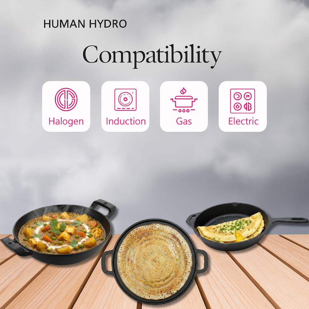 Pre-Seasoned Cast Iron Combo Set (3-Piece) | Fry Pan 25cm + Kadai 26cm (2.2L) + Tawa 30cm with Wooden Spatula | Gas & Induction Compatible | Toxin-Free, Naturally Non-Stick