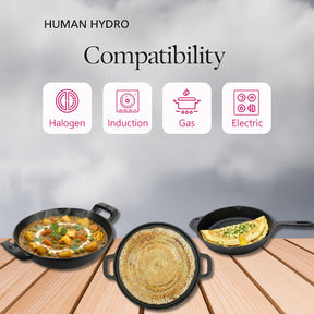 Pre-Seasoned Cast Iron Combo Set (3-Piece) | Fry Pan 25cm + Kadai 26cm (2.2L) + Tawa 30cm with Wooden Spatula | Gas & Induction Compatible | Toxin-Free, Naturally Non-Stick