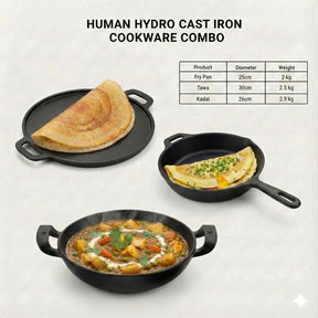 Pre-Seasoned Cast Iron Combo Set (3-Piece) | Fry Pan 25cm + Kadai 26cm (2.2L) + Tawa 30cm with Wooden Spatula | Gas & Induction Compatible | Toxin-Free, Naturally Non-Stick