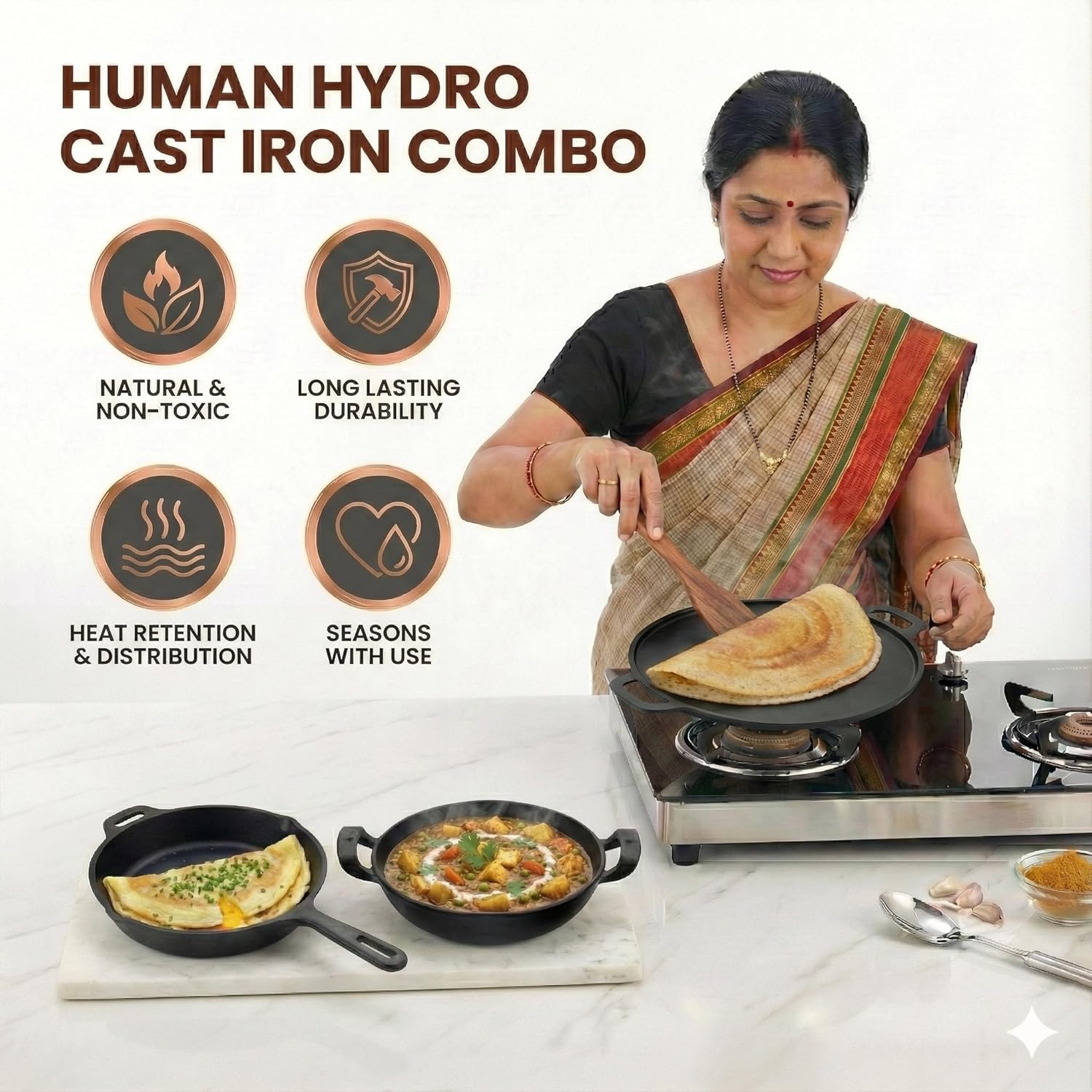 Pre-Seasoned Cast Iron Combo Set (3-Piece) | Fry Pan 25cm + Kadai 26cm (2.2L) + Tawa 30cm with Wooden Spatula | Gas & Induction Compatible | Toxin-Free, Naturally Non-Stick