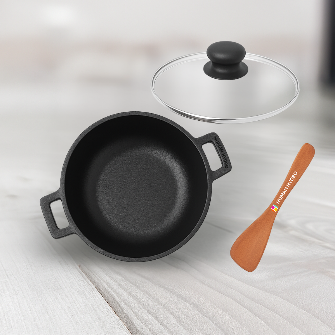 23cm kadai with lid and spatula front