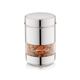 Airtight stainless steel storage container with transparent window, holding almonds, designed for kitchen organization.