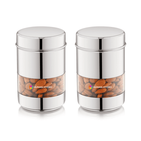 Set of 2 Human Hydro stainless steel storage containers with transparent windows, perfect for holding almonds.