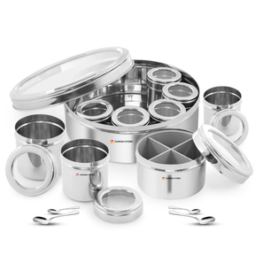 12-in-1 Stainless Steel Masala Dabba with See-Through Lid, Airtight Spice Box & Spice Organizer for Kitchen