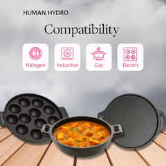 Pre-Seasoned Cast Iron Cookware Set – 12-Pit Paniyaram Pan with Lid, 30CM Dosa Tawa & 23CM Kadai