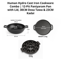 Pre-Seasoned Cast Iron Cookware Set – 12-Pit Paniyaram Pan with Lid, 30CM Dosa Tawa & 23CM Kadai