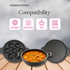 Pre-Seasoned Cast Iron Combo – 7-Pit Paniyaram Pan with Glass Lid, 30CM Dosa Tawa & 23CM Kadai