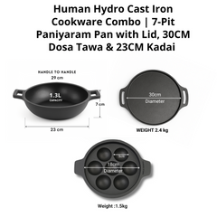 Pre-Seasoned Cast Iron Combo – 7-Pit Paniyaram Pan with Glass Lid, 30CM Dosa Tawa & 23CM Kadai