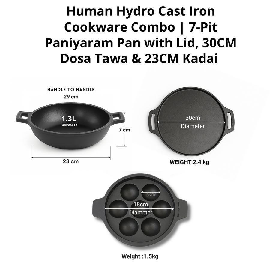 Pre-Seasoned Cast Iron Combo – 7-Pit Paniyaram Pan with Glass Lid, 30CM Dosa Tawa & 23CM Kadai