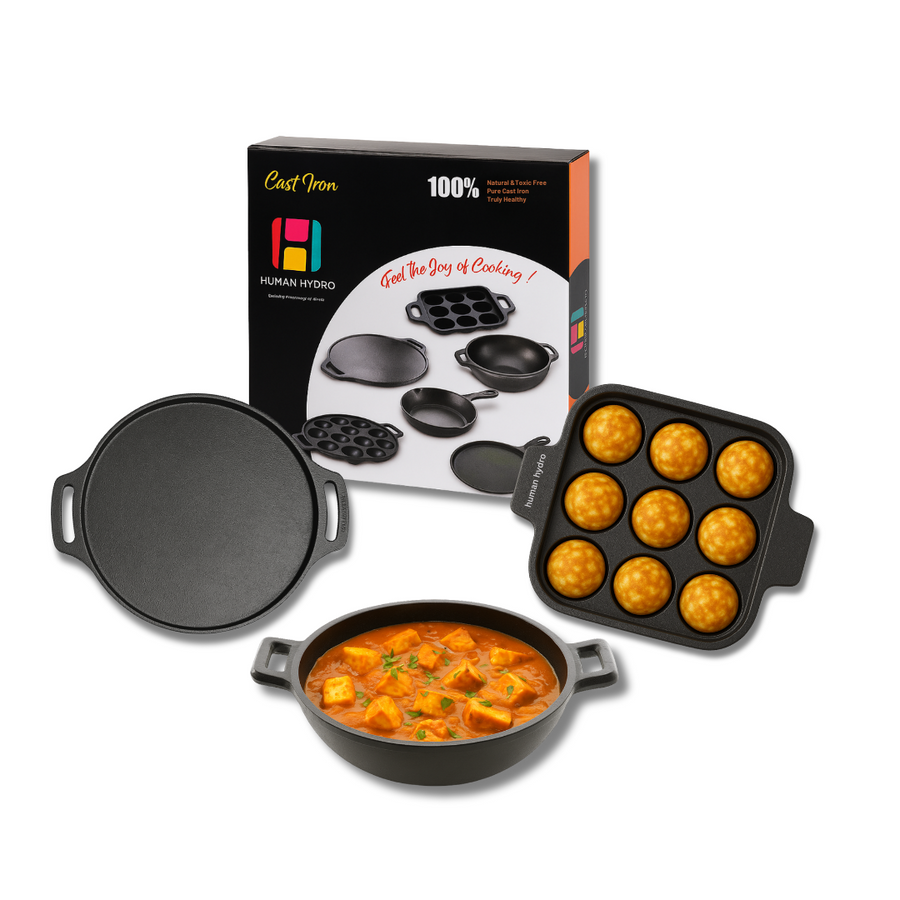 Pre-Seasoned Cast Iron Cookware Combo – 9-Pit Paniyaram Pan, 30CM Dosa Tawa & 23CM Kadai
