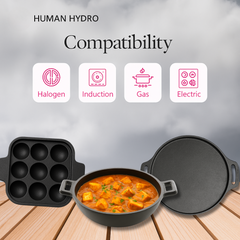 Pre-Seasoned Cast Iron Cookware Combo – 9-Pit Paniyaram Pan, 30CM Dosa Tawa & 23CM Kadai