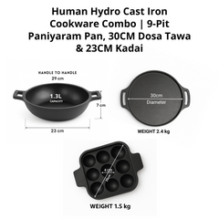 Pre-Seasoned Cast Iron Cookware Combo – 9-Pit Paniyaram Pan, 30CM Dosa Tawa & 23CM Kadai